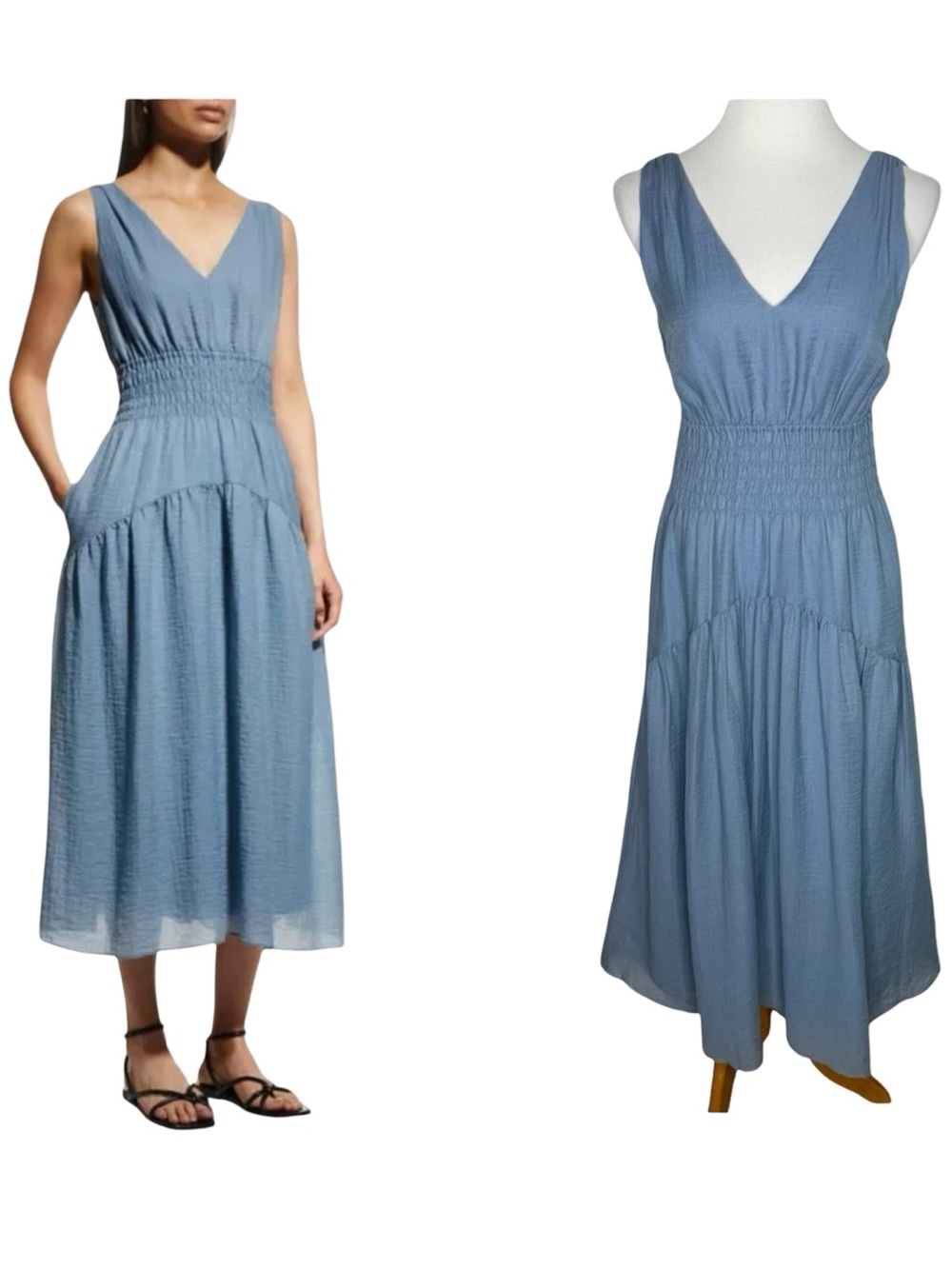 Vince Sleeveless V-Neck Smocked Midi Dress Size XS Lake Blue Pockets Parisian